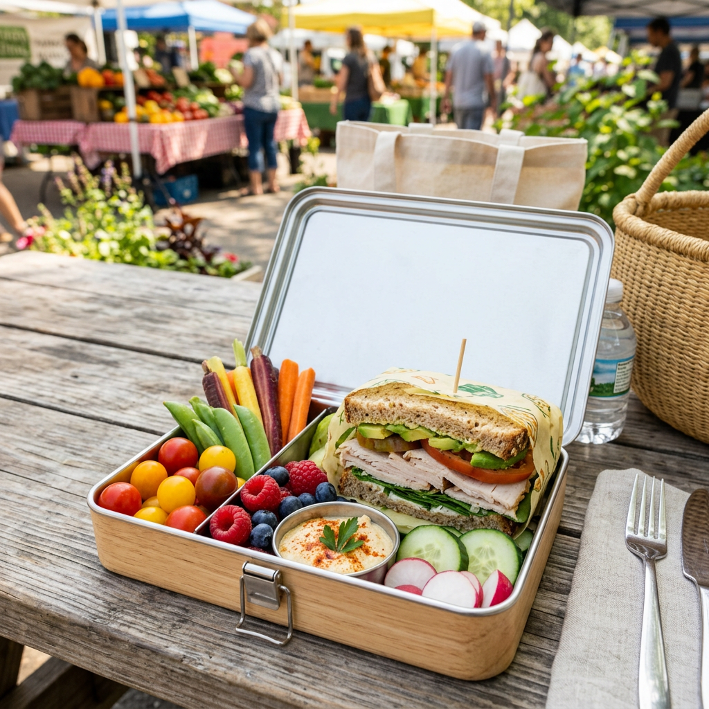 Packed lunch with sandwich, vegetables, berries, and hummus at farmers market
