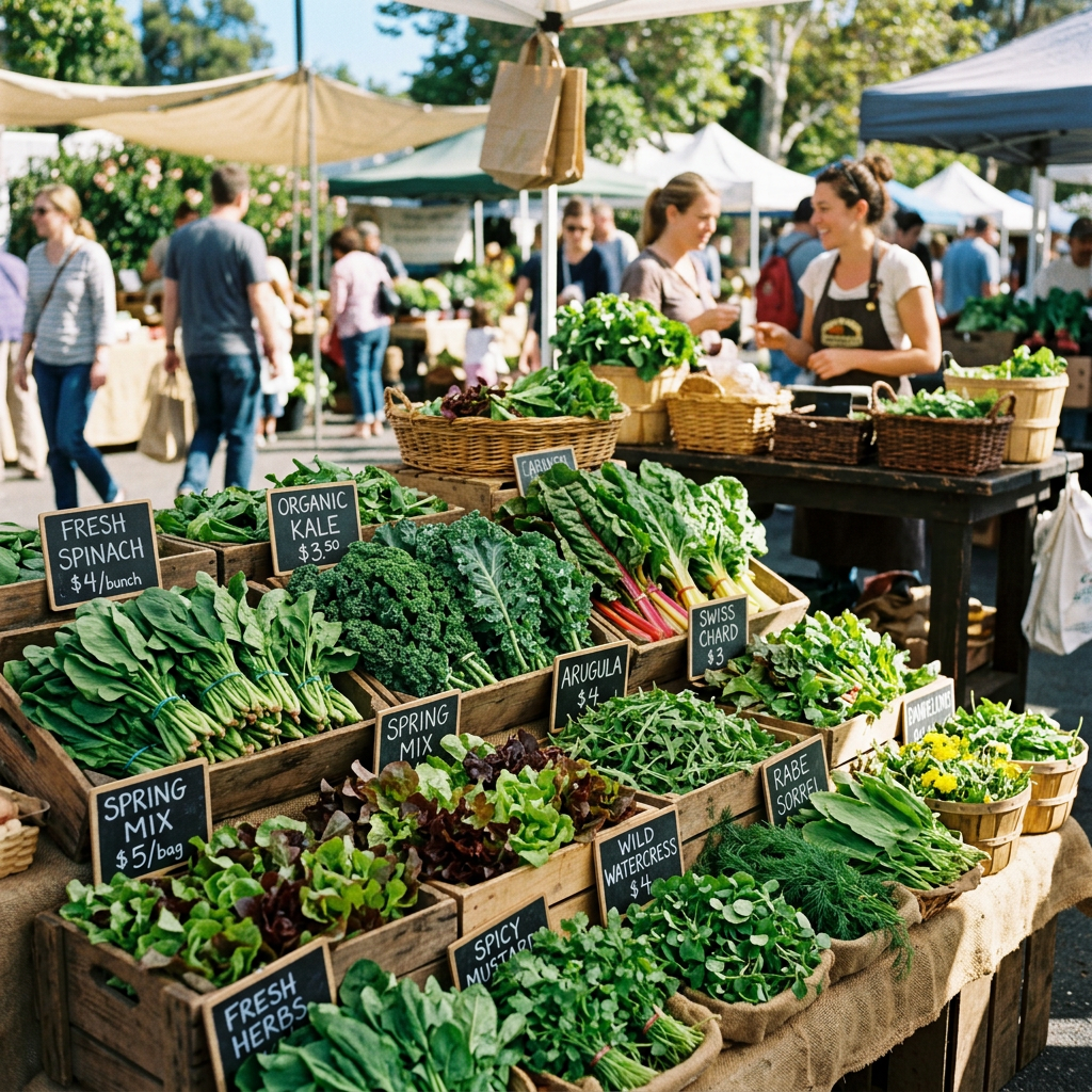 Farmers market stall displaying labeled greens including spinach, kale, spring mix, arugula, and Swiss chard
