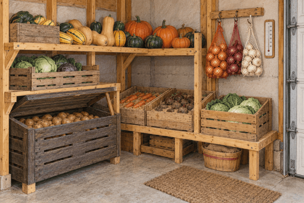 Image of Long Family makeshift root cellar in our garage.